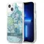 GUESS Liquid Glitter Flower Apple iPhone 13 mini zelená / Pouzdro / Třpytivá tekutina s květinovým motivem