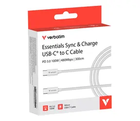 Verbatim Essentials Sync & Charge bílá / Kabel USB-C / USB-C na USB-C / 100 W / 3 m