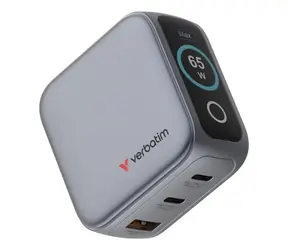 Verbatim Mini GaN nabíjecí adaptér s displejem 65W šedá / Cestovní nabíječka / 2x USB-C PD 3.2 / 1x USB-A QC 3.0