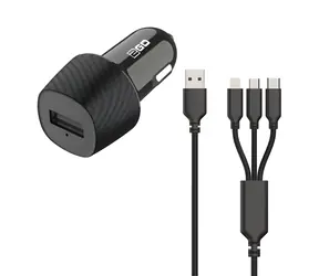 2GO 3in1 černá / Autonabíječka / 15W / Micro-USB & Lightning & USB-C