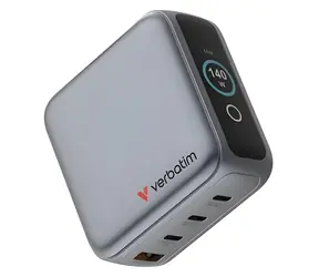 Verbatim Mini GaN 140W šedá / Nabíjecí adaptér / 3x USB-C / 1x USB-A / PPS / TFT displej