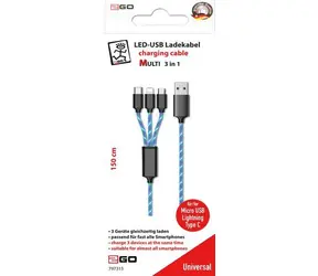 2GO USB-A 3in1 LED černá, modrá / Nabíjecí kabel / Micro-USB / Lightning / USB-C / 1,5 m / 3 A
