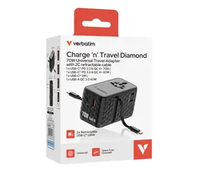 Verbatim Charge'n'Travel 70W 2C černá / Cestovní nabíjecí adaptér / 1x USB-C / 1x USB-A / výsuvné zástrčky