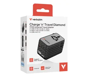Verbatim Charge'n'Travel Adapter 170W černá / Cestovní nabíjecí adaptér / 3x USB-C / 1x USB-A / rychlé nabíjení