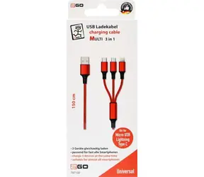 2GO 3in1 nabíjecí kabel červená / USB-A - USB-C / Micro-USB / Lightning / 1,5 m / nylon / 3 A