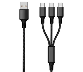 2GO USB 3in1 Nylon černá / Nabíjecí kabel / 3× USB-C / 1,5 m / 3 A