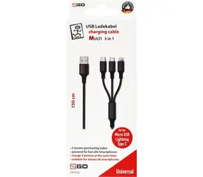 2GO 3in1 nabíjecí kabel černá / USB-A - USB-C / Micro-USB / Lightning / 1,5 m / nylon / 3 A