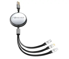 Forever navíjecí kabel 3v1 černá / Nabíjecí kabel / USB-A + 2× USB-C + Lightning / 1,2 m / 100 W