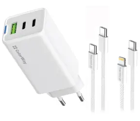 Colorway GaN 65W bílá / Síťová nabíječka / 2x USB-C / 1x USB-A / PD / PPS / vč. 2 kabelů