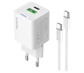 Colorway GaN síťová nabíječka bílá / Nabíjecí adaptér + USB-C kabel / 20W / USB-C PD PPS / USB-A