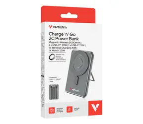 Verbatim Charge 'n' Go 2C šedá / Magnetická powerbanka / 5000 mAh / 2x USB-C / Rychlé nabíjení