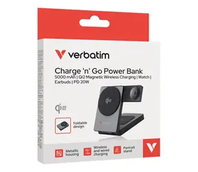 Verbatim Foldable 3-in-1 šedá / Magnetická bezdrátová powerbanka / 5000 mAh / USB-C / rychlé nabíjení