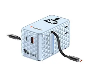 Verbatim Charge 'n' Travel GaN III modrá / Cestovní adaptér / 70 W / 1x USB-C / 1x USB-A / 2x integrovaný USB-C kabel