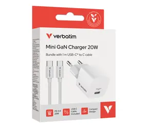 Verbatim 32396 Mini GaN Charger 20W bílá / Nabíjecí adaptér / 1x USB-C / PD 3.0 / kabel USB-C 1 m