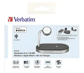Verbatim 3v1 nabíjecí stojan černá / Bezdrátová nabíječka / Qi / 15W / MFi / pro iPhone & Apple Watch