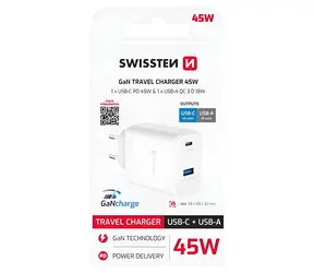 Swissten Core GaN USB-C/USB-A bílá / Síťový adaptér / 45W PD / 18W QC