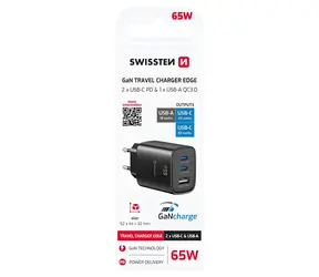 Swissten Edge GaN černá / Síťový adaptér / 2x USB-C PD 65W / USB-A QC 18W