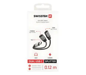 Swissten Textile černá / Nabíjecí audio adaptér / USB-C (M) na 2x USB-C (F) / 0,12 m