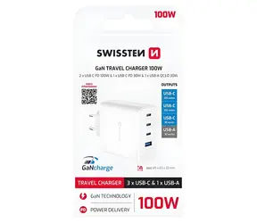 Swissten Core GaN bílá / Síťový adaptér / 2x USB-C PD 100W / USB-C PD 20W / USB-A QC 30W
