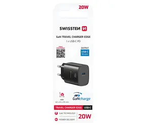 Swissten Edge GaN černá / Síťový adaptér / USB-C PD / 20W
