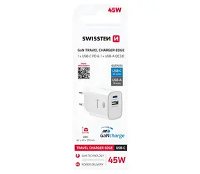 SWISSTEN Edge GaN bílá / Síťový adaptér / USB-C 45W PD / USB-A 18W QC
