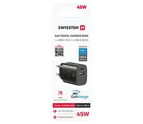 SWISSTEN Edge GaN černá / Síťový adaptér / USB-C PD 45W / USB-A QC 18W