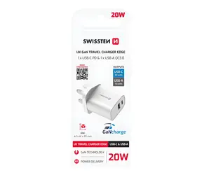 Swissten EDGE GaN USB-C/USB-A bílá / Síťový adaptér / UK zástrčka / 20W PD / 18W QC