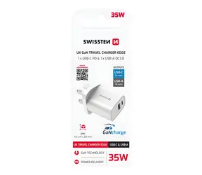 Swissten Edge GaN bílá / Síťový adaptér / UK zásuvka / USB-C 35W PD / USB-A 18W QC