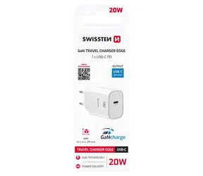 Swissten Edge bílá / Síťový adaptér / GaN / USB-C PD / 20W