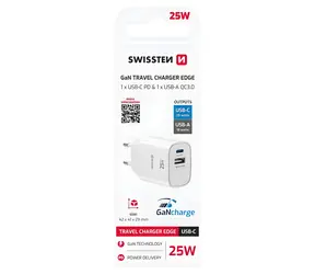 Swissten Edge bílá / Síťový adaptér / GaN / USB-C PD 25W / USB-A QC 18W