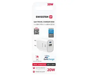 Swissten Edge bílá / Síťový adaptér / GaN / USB-C PD 20W / USB-A QC 18W