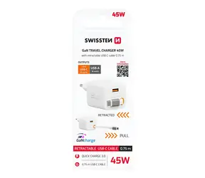 Swissten SlideCHARGE GaN bílá / Síťový adaptér / 45W / USB-A 18W / zatahovací kabel USB-C 0,75 m