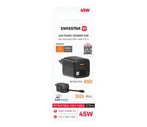 Swissten SlideCHARGE GaN černá / Síťový adaptér / 45W / USB-A 18W / zatahovací kabel USB-C 0,75 m