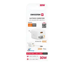 Swissten SlideCHARGE GaN bílá / Síťový adaptér / 30W / USB-A 18W / zatahovací USB-C kabel 0,75 m