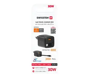 Swissten SlideCHARGE GaN černá / Síťový adaptér / 30W / USB-A 18W / zatahovací USB-C kabel 0,75 m