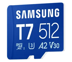 Samsung T7 modrá / Paměťová karta microSDXC / 512 GB / UHS-I U3 / Class 10, V30, A2 / čtení: 170 MB/s / zápis: 30 MB/s