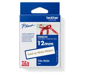Brother TZE-R234 / Textilní stuha / zlatý tisk na bílém podkladu / 12 mm / 4 m