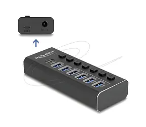 DeLock 7portový USB hub černá / USB hub / 4× USB-A 5 Gbps + 2× USB-A 10 Gbps + USB-C 10 Gbps / kovové tělo / AC adaptér