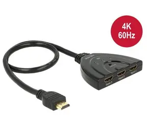 Delock HDMI Switch 3×1 černá / Přepínač HDMI / 4K 60 Hz / HDCP 1.4/2.2 / kabel 50 cm