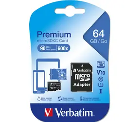 Verbatim Premium microSDXC 64GB + adaptér / Paměťová karta / UHS-I (U1) / Class 10 / V10 / R: 90 MB/s / W: 10 MB/s