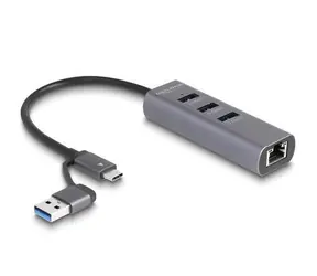 DeLock 3 Port USB 5 Gbps + Gigabit LAN šedá / USB hub / USB-C / 3× USB-A 5 Gbps / 1× RJ-45 / 0,2 m