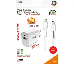 2GO bílá / Síťová nabíječka / 1x USB-A / 1x USB-C / 20 W / vč. kabelu USB-C 100 cm