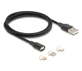DeLock Magnetický USB kabel 3v1 černá / Nabíjecí kabel / Lightning, Micro-USB, USB-C adaptér / magnetický konektor / 1 m