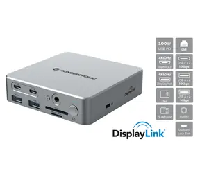 Conceptronic 15-in-1 stříbrná / Dokovací stanice / USB-C / 2x HDMI / 1x DisplayPort / 4K 60Hz / LAN / PD 100W