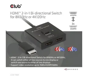 Club3D CSV-1384 černá / Switch HDMI / 2v1 obousměrný / 8K 60Hz / 4K 120Hz / HDMI 2.1