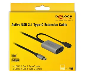 DeLock / Aktivní prodlužovací kabel USB-C (M-F) / USB 3.2 Gen 1 / 5 Gbps / 5m