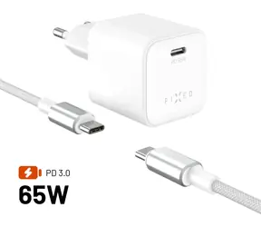 FIXED Mini bílá / Síťová GaN nabíječka / USB-C / PD 65 W / kabel USB-C-USB-C 2 m
