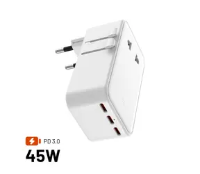 FIXED Voyager Slim 45W bílý / Cestovní adaptér / EU, UK, USA/AUS / 3× USB-C + USB-A / GaN / PD 45W
