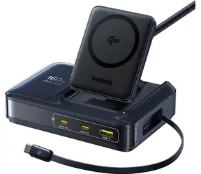 Baseus Nomos NH21 černá / Nabíjecí stanice / 160W / GaN / 3×USB-C / USB-A / Qi2 15W