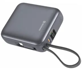 Swissten Space 10000 mAh stříbrná / Powerbanka s integrovaným kabelem / 35W / USB-C